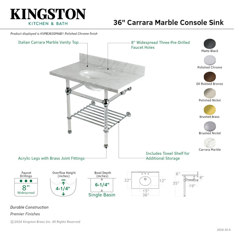 Kingston Brass Templeton 36-Inch Carrara Marble Console Sink with Acrylic Legs and Shelf (8-Inch, 3-Hole), Brushed Brass