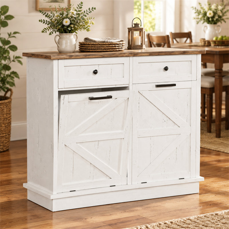Double Tilt Out Trash Can Cabinet for Two 10 Gallon Bins, Farmhouse Garbage Cabinet with Drawer
