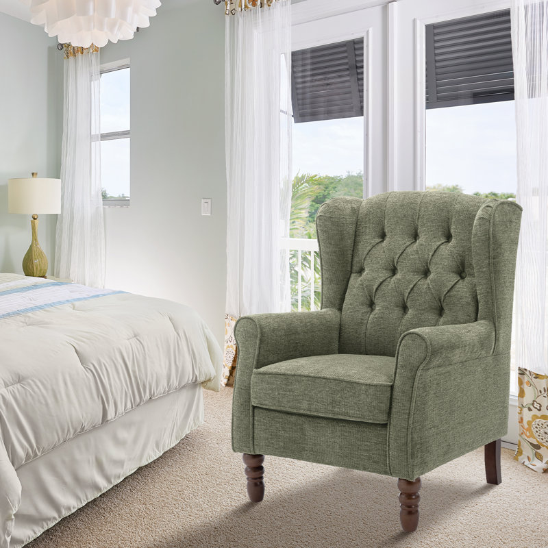Button-Tufted Wingback Accent Chair - Solid Wood Legs with Rolled Arm &Thick Padded Cushion, Green Polyester, Brown