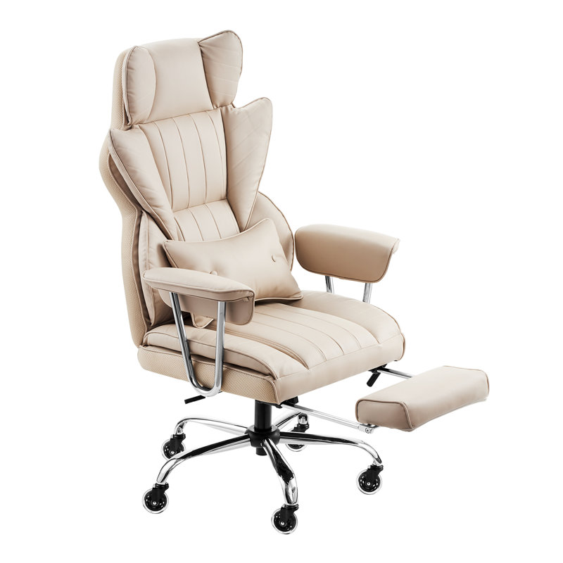 Grand fauteuil de bureau inclinable kaki / brun avec repose-pieds, capacité de 400 lb, cuir PU robuste avec support lombaire et roulettes silencieuses