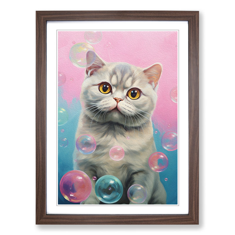 Cat Bubble Gum No.2 - Single Picture Frame Print on Wood, 34cm H x 25cm W x 2cm D, Walnut Framed