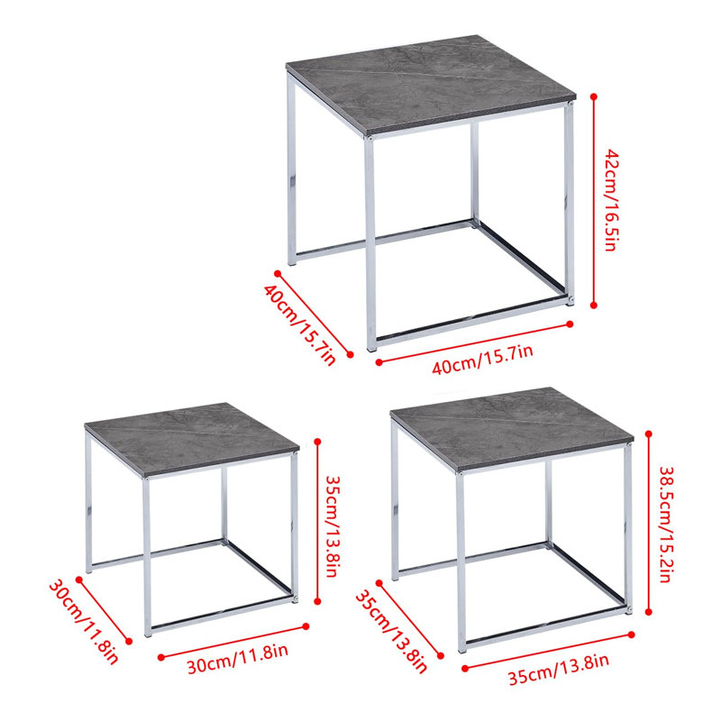 Living Room Nesting Coffee Table Set Of 3 High Glossing Marble Effect, Small Square Side Sofa Table 3 In 1 Nested Table Corner Little End Table Stackable Wood Tabletop With Chrome Frame