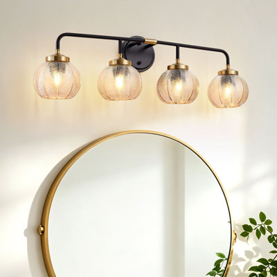 Barre d'éclairage de salle de bain 4 lumières 31,7 po noire et dorée avec abat-jour en verre texturé ambre, douilles E26, applique murale moderne pour miroir