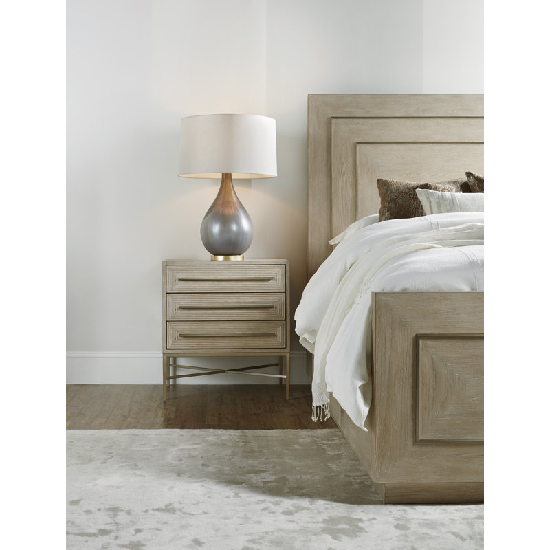 Transitional Beige 3-Drawer Nightstand with Striped Border