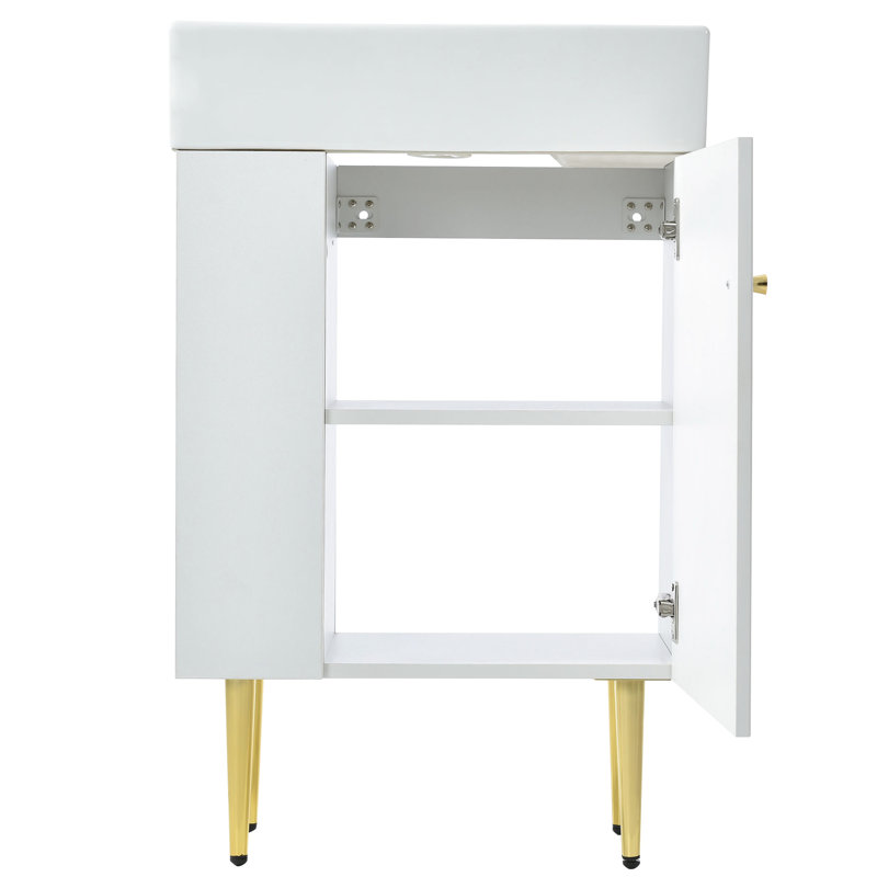 Meuble-lavabo de 21,6 po, armoire avec rangement spacieux, fonction de fermeture en douceur, finition blanche, meuble-lavabo simple de 21,6 po, blanc, illustrant amplement de rangement et de porte, facile à assembler