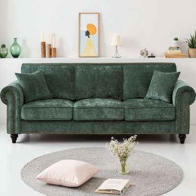 86" Modern 3-Seater Sofa with Rolled Arms, Chenille Upholstered Couch with Wood Legs and Nailhead Trim, 700lb Capacity Green Sofa for Living Room and Apartment