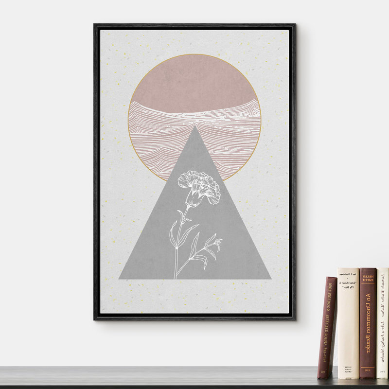 «Signature», reproduction d'art sur toile encadrée, duo rose et gris à motif de fleurs avec silhouette de plantes abstraites, art moderne moderne Mid-Century pour le salon, la chambre à coucher, le bureau
