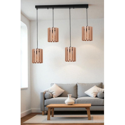 Lustre réglable élégant, chêne et noir, plaque de base 5,5 x 7,5, hauteur totale de 31,5 | Corps en métal avec capuchon en bois | 4 x douilles E27 (40 W maximum) | Éclairage moderne pour la salle à manger, le salon et les entrées