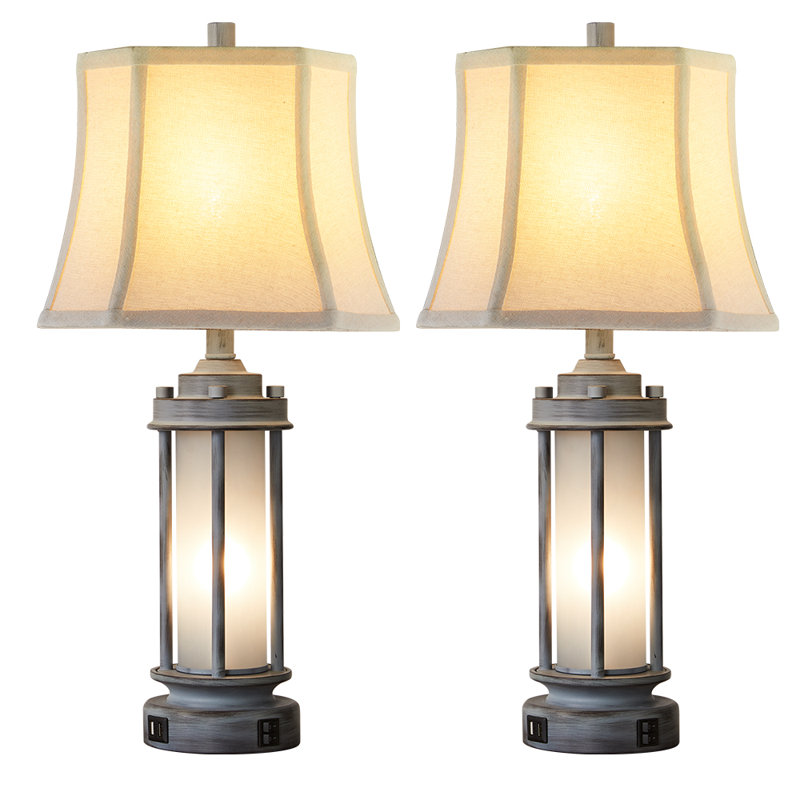 25" Louann Table Lamp Set With Night Light And USB Ports, Gray