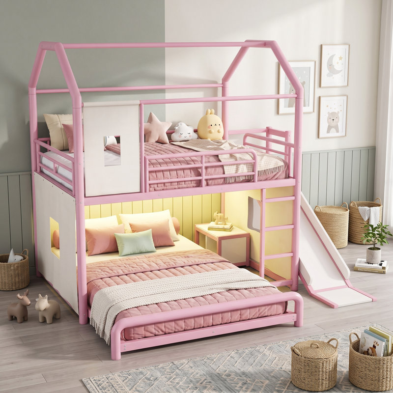 Lit superposé en métal avec bande lumineuse, glissade, tablettes et tringle, Double sur double, Rose