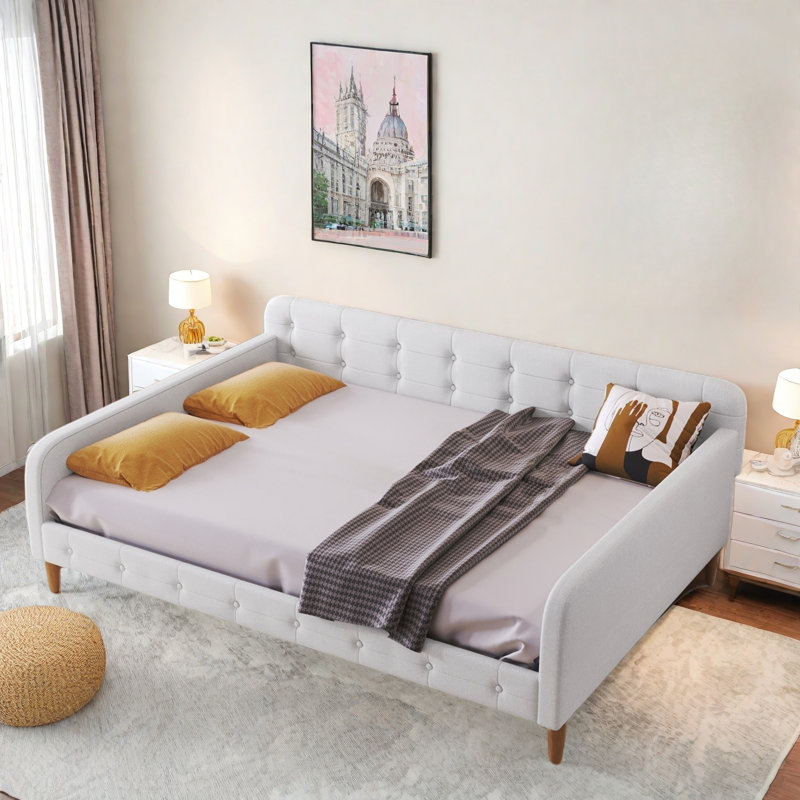 Modern Upholstered Daybed With 4 Support Legs And Button Tufted Design, Full/Double, White
