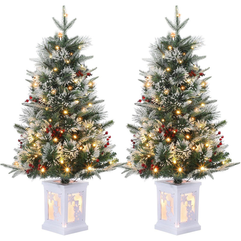 Arbre de Noël 3 pi pré-éclairé, 2 arbres de Noël artificiels avec base bonhomme de neige, arbres de Noël floqués avec 78 lumières DEL, fonction de minuterie à piles, décoration de Noël