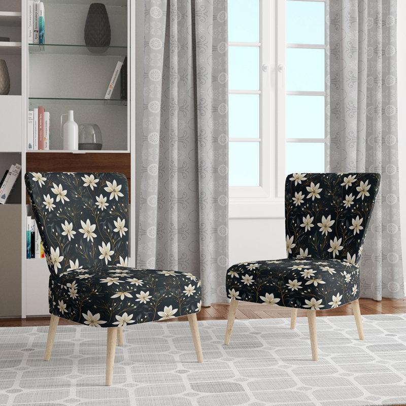 Chaise d'appoint rembourrée blanche et noire à motif floral noir et ivoire