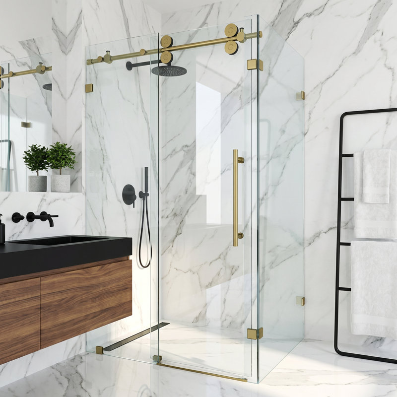 Cabine de douche coulissante sans cadre avec verre transparent 3/8 de l 46 po x P 34 po x H 74 po Winslow, Or brossé mat
