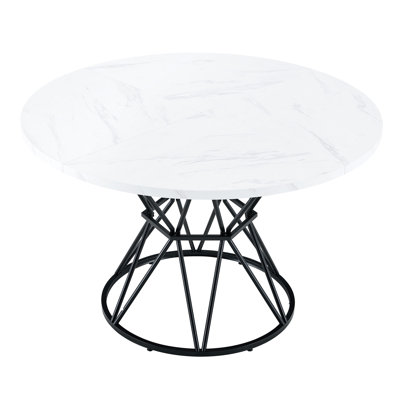 A circular dining table with a diameter of 47.3 inches, composed of 4 white marble patterned MDF boards, hourglass shaped metal brackets,and a modern industrial style dining table for 4-6 people.