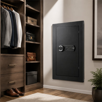 Black three-layer wall-mounted concealed safe, Q235 cold-rolled steel, combination key, LED light, shelves, keychain storage safe