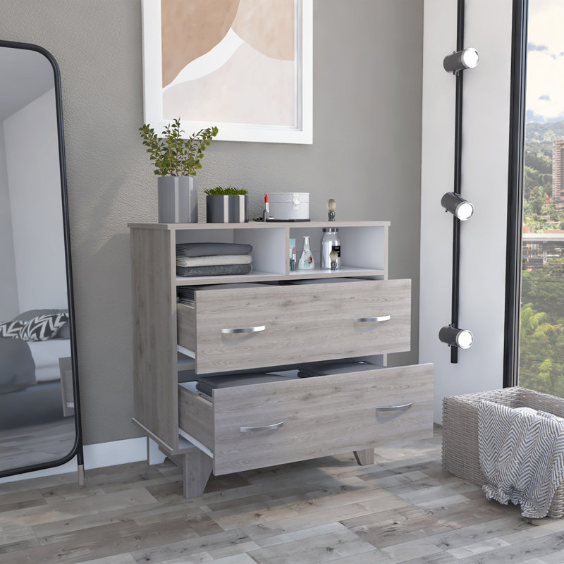 Commode à deux tiroirs Portanova, deux tablettes ouvertes, plateau supérieur, quatre pieds - gris clair / blanc