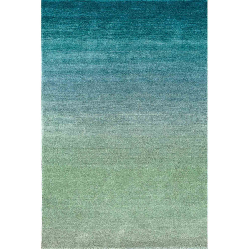 Tapis bleu / vert en laine tissé à la main Silana, Rectangle 7 pi 6 po x 9 pi 6 po