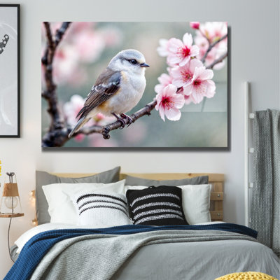 Bird on Flower Blossom Branches Vibrant Colorful Art - Art mural en verre trempé