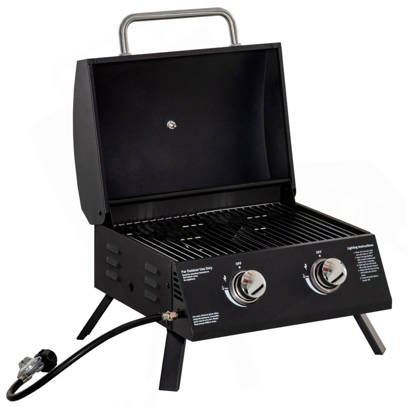 Barbecue de table portatif au propane à 2 brûleurs avec pieds pliables, couvercle, thermomètre pour le camping, le pique-nique, la cour arrière, noir