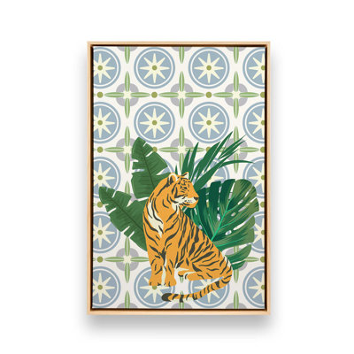 Tigre et motifs tropicaux, reproduction sur toile dans un cadre