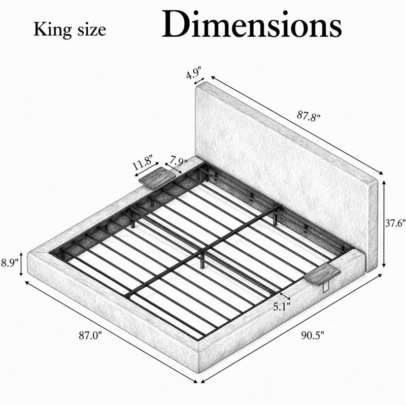 AirFrame King Bed Frame with adjustable Sliding Side Table, 8.7'' Cloud Upholstered Sponge Cushion, Easy Assembly