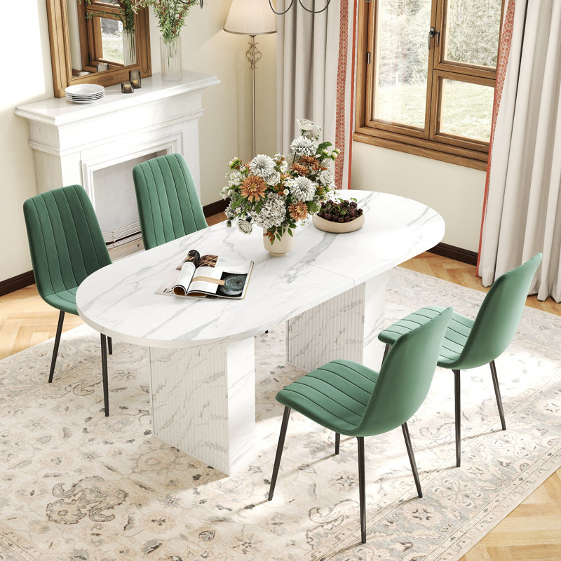 Oval Dining Table Set With 4-6 Matching Chairs For Dining Room, 5 Pieces: Table, 4 Chairs, Green