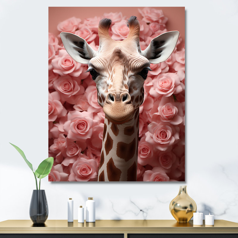 Girafe rose, position romantique II sur toile, Toile tendue, H 32 po x l 16 po x P 1 po