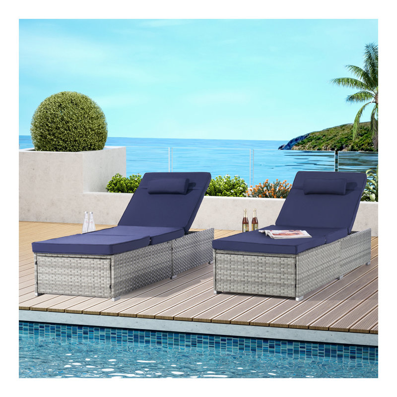 Outdoor Chaise Lounge Chair Set of 2 with Patio Pool Chairs Tanning Lounges for Outside,Beach Rattan Recliners with Adjustable Backrest, Table, Cushion for Poolside Backyard Garden