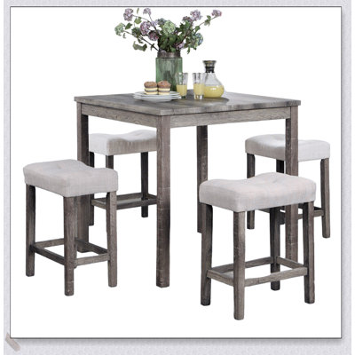 Ensemble de salle à manger à hauteur de comptoir transitionnel 5 pièces avec table grise et tabourets rembourrés beiges