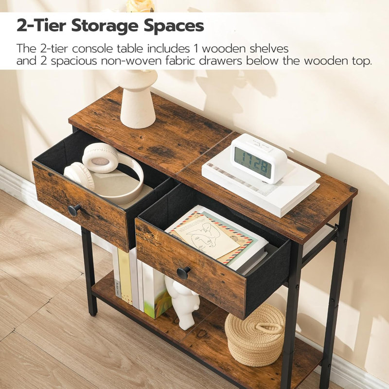 29.5" Narrow Console Table With 2 Fabric Drawers Small Entryway Table With 2-Tier Storage Shelves Thin Sofa Table Side Table Rustic Brown And Black