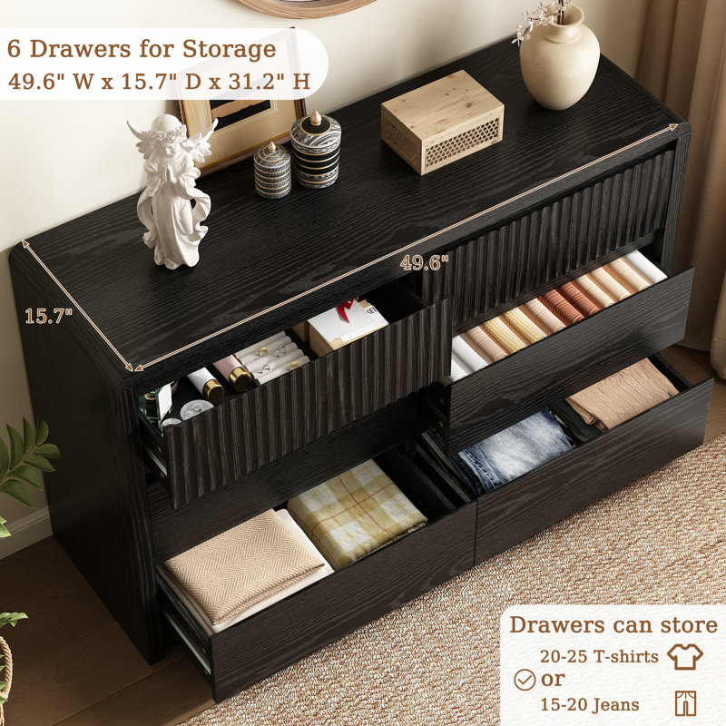 Modern Wood 6 Drawer Dresser for Bedroom,Double Desser with Fluted Panel,50"W TV Stand With Anti-Tip Device, Black