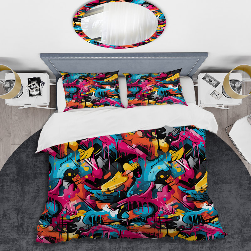 Literie Popart Neon Graffiti Fusion I, Housse de couette pour grand lit et 2 taies décor