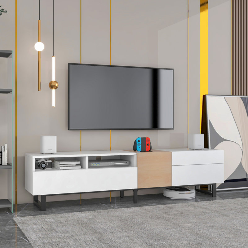 Meuble télé 80 po avec espace de rangement double, console média, centre de divertissement avec porte rabattable, cinéma maison
