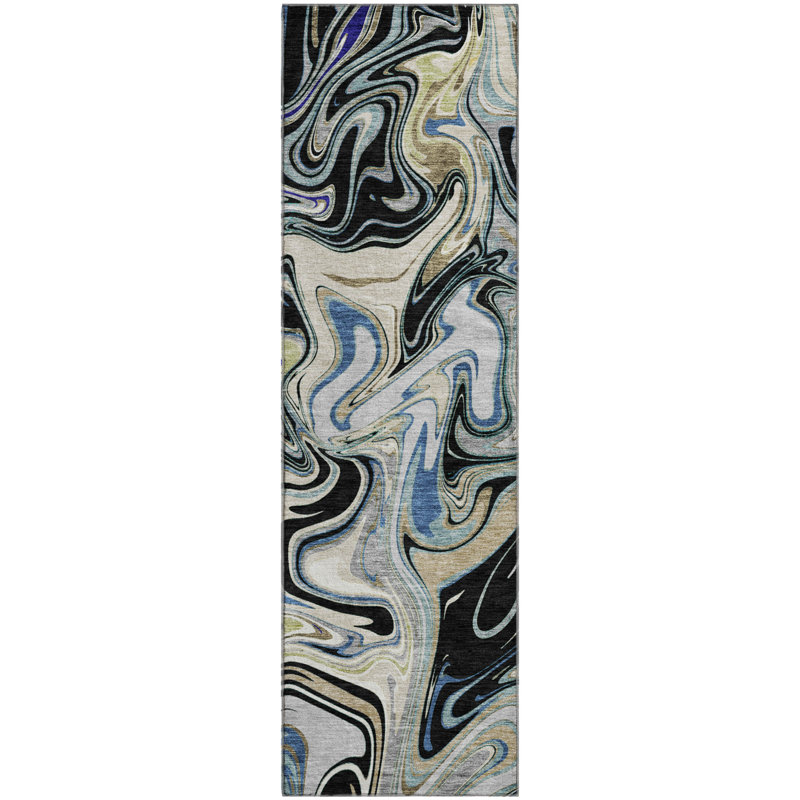 Premium Machine Washable Mayfield AMF2395 Abstract Rug, 2'3" x 7'6" Runner, Black