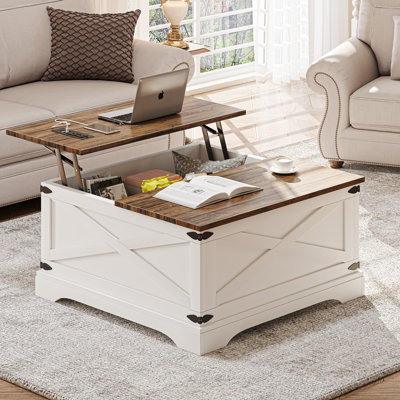  Lift Top Coffee Table With Storage, Square Coffee Table For Living Room With Charging Ports, Farmhouse Dining Table With Large Hidden Storage, White, 31.5"