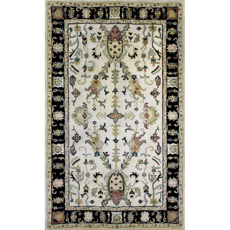 Tapis beige / vert / noir en laine touffeté à la main Prospe