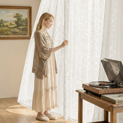 Kitchen Sheer Curtains 96 Inch Length 2 Panels Rustic Floral Cottagecore Lace Curtains for Girls Bedroom, Rod Pocket Light Filtering Privacy Sheer Window Drapes, 52 x 96 Inch, Ivory White