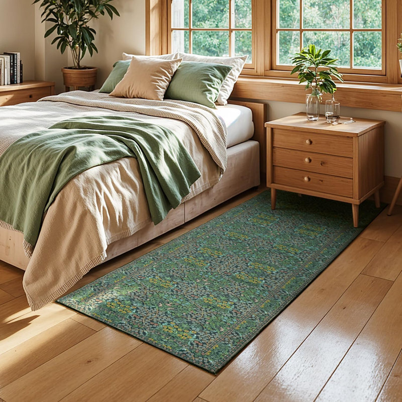 2'X6' Faux Wool Washable Vintage Floral Runner Rug for Hallway Green, Runner 2' x 6'