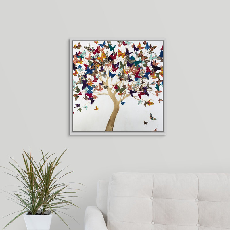 «A Butterflys Journey» par Sydney Edmunds - peinture sur toile, H 21,7 po x l 21,7 po x P 1,75 po, Cadre flottant blanc