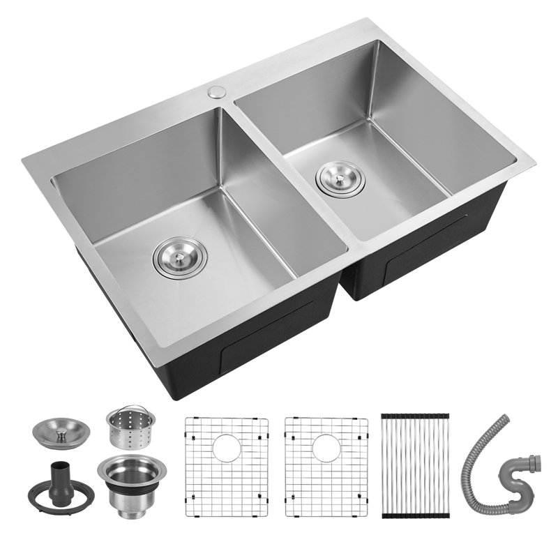 Brambly Cottage 83.82mm W Double Bowl Stainless Steel Dual Mount Kitchen Sink with 1 Faucet Hole