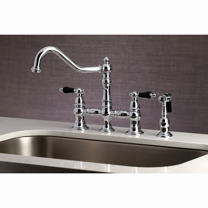 Kingston Brass Duchess Two-Handle 4-Hole Deck Mount Bridge Kitchen Faucet with Brass Side Sprayer, Polished Chrome