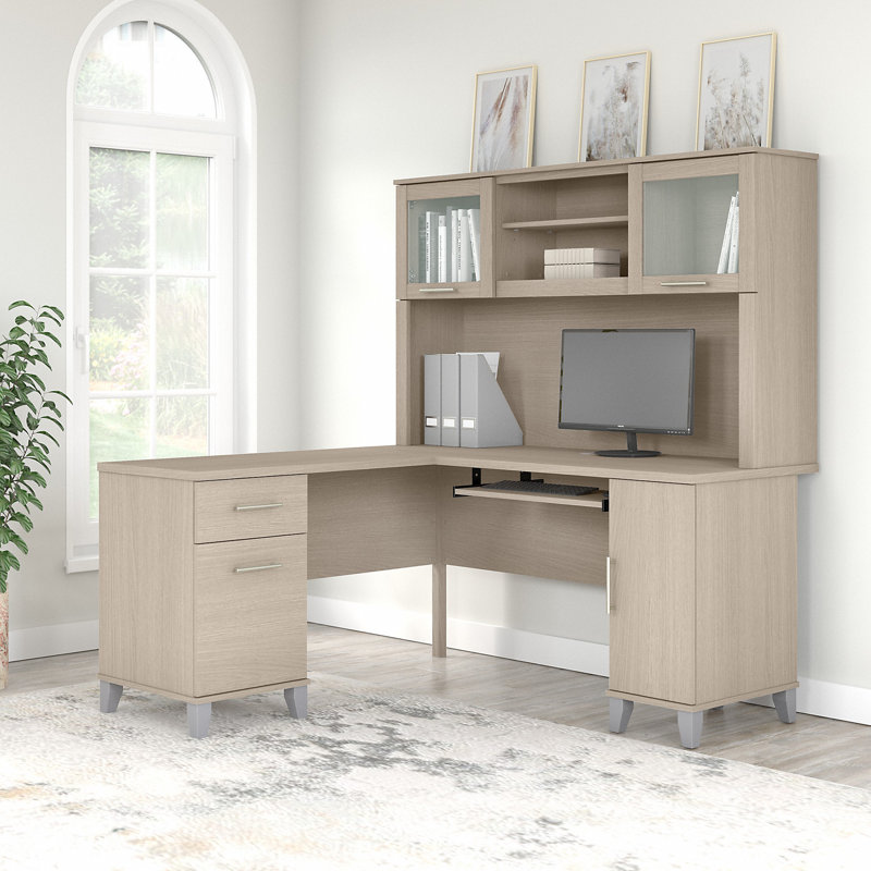 Paelynn L-Shaped Desk with Hutch and Storage, Corner Computer Office Desk, Modern Wood, Sand Oak, 64.84" H x 60" W x 60" D