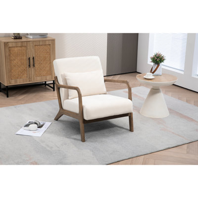 Fauteuil d'appoint moderne du milieu du siècle avec structure en bois, revêtement en coton et lin blanc antique, coussin lombaire pour un confort dorsal optimal, assise rembourrée de mousse haute densité, idéal pour la lecture dans une chambre.
