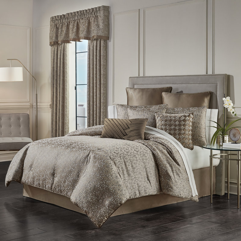 Ivory and Taupe Microfiber King Comforter Set with Satin Bed Skirt