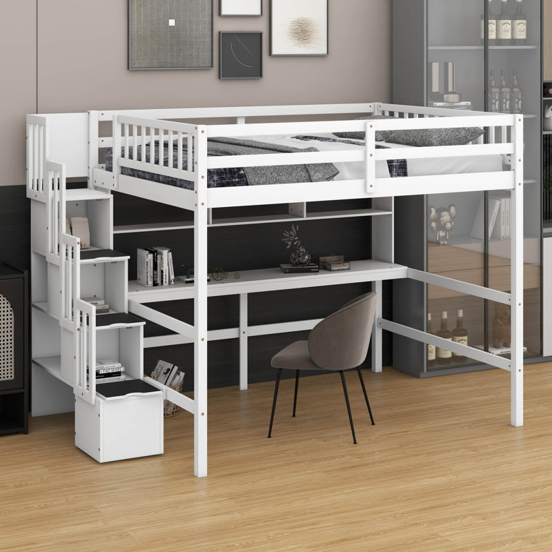 Lit mezzanine double - Bureau, tablettes de rangement et escalier inclus, Blanc