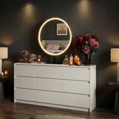 White 9-Drawer Dresser With LED Mirror (3 Light Modes)