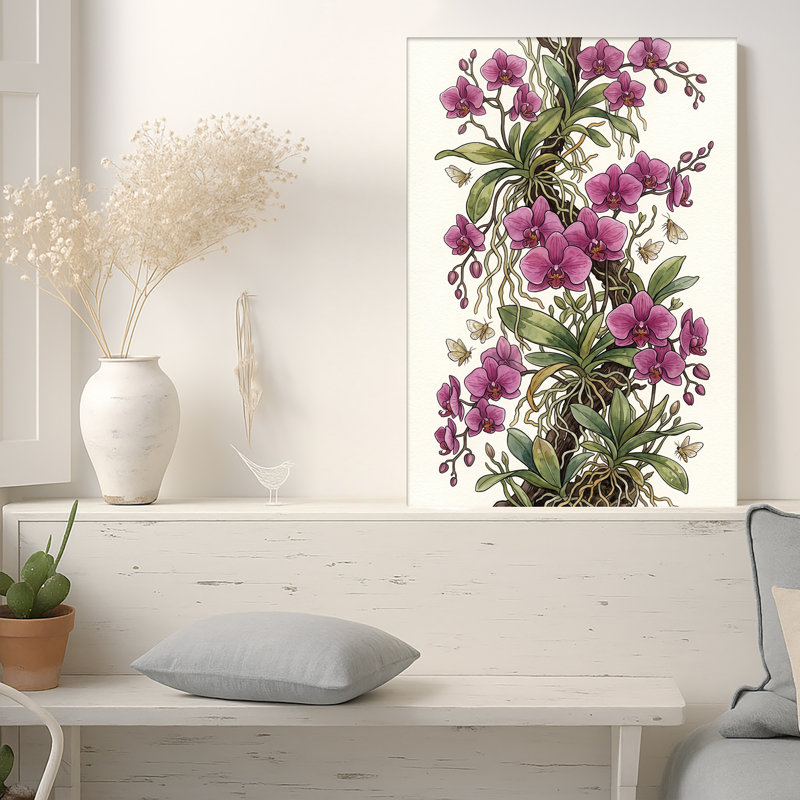 Orchidées roses et papillon sur toile de branche d'arbre, 40"H x 28"W
