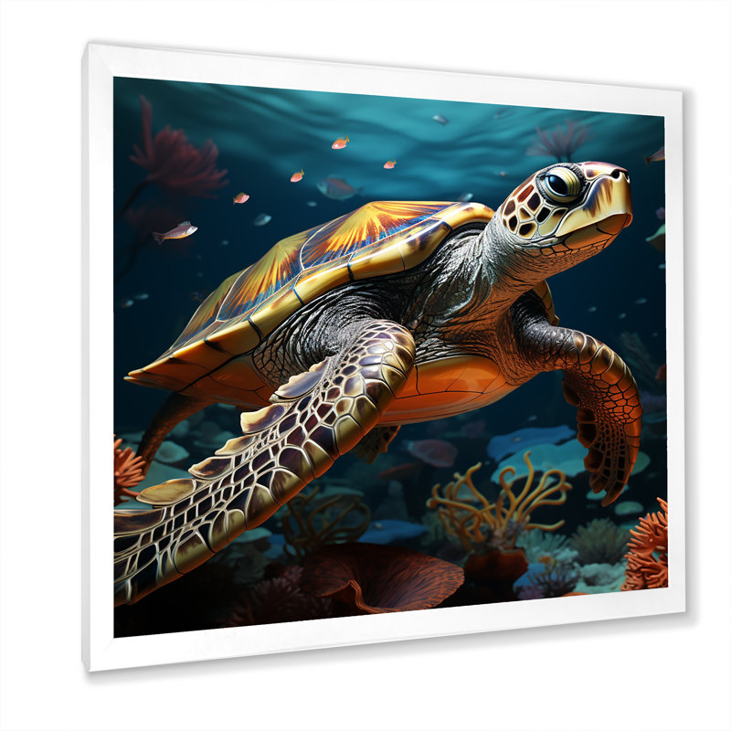 Art cosmique avec une tortue sur un cosmique sur toile, H 36 po x l 36 po x P 1,5 po, Cadre simple blanc