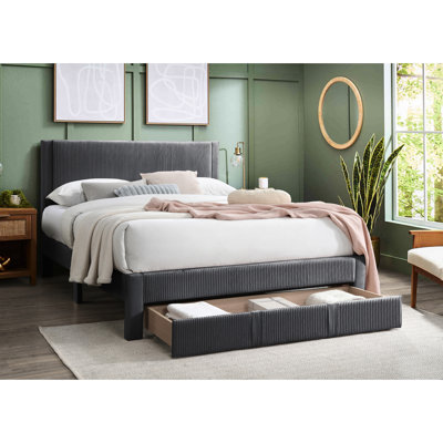 Queen Size Bed With Storage Capacity, Charcoal Corduroy, Modern Design Style Bedframe, Corduroy Texture, Color,